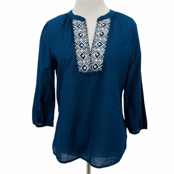 Pure Collection Tops - Pure Collection SZ Small Embroidered Top Cotton Solid Navy Blue Mandarin Collar